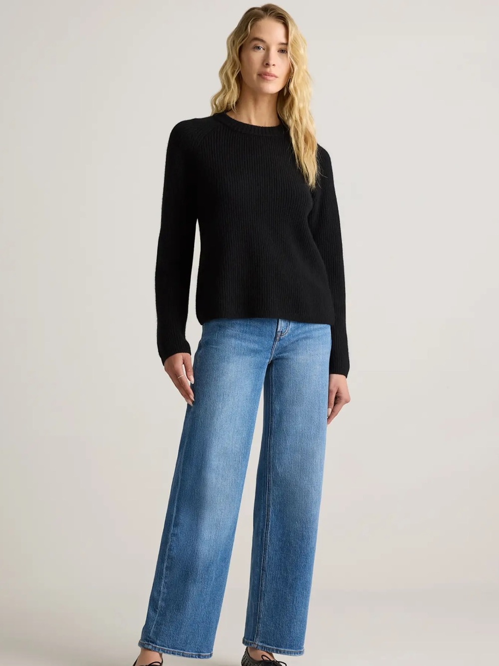 Quince Women’s Mongolian Cashmere Fisherman Crewneck Sweater Black XS